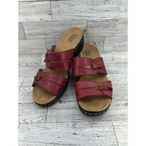 Clarks Collection Red Leather Adjustable Strap Comfort Slide Sandals US‎ 7.5